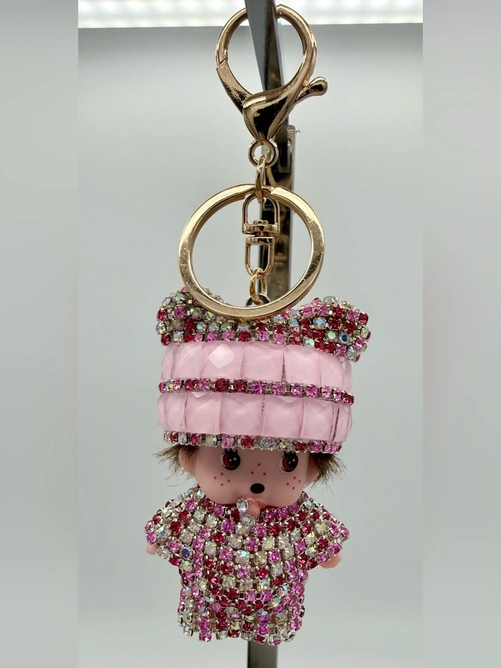 Monchhichi Style Crystal Rhinestone Doll Keychain Bag Charm Pink Bling Sparkle